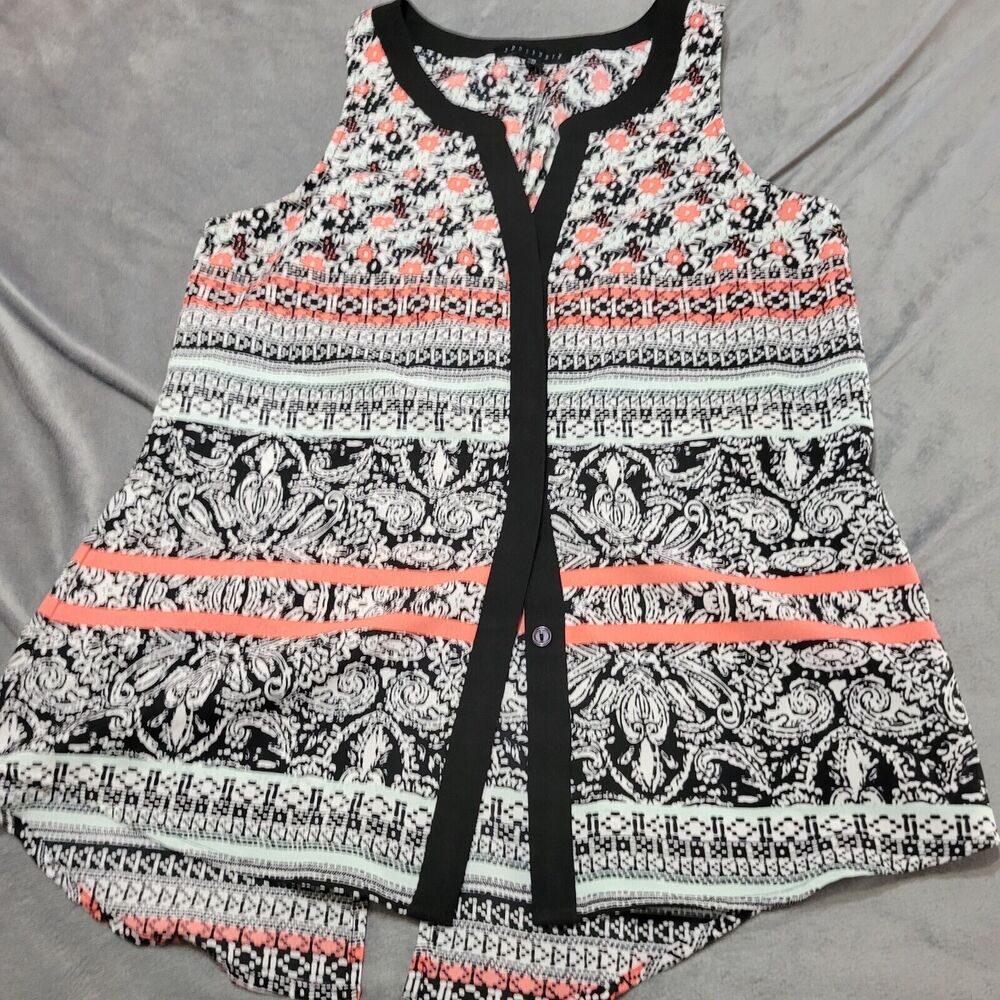 Sanctuary Shirt Women Medium Black Striped Floral Blouse Button Front Sleeveless